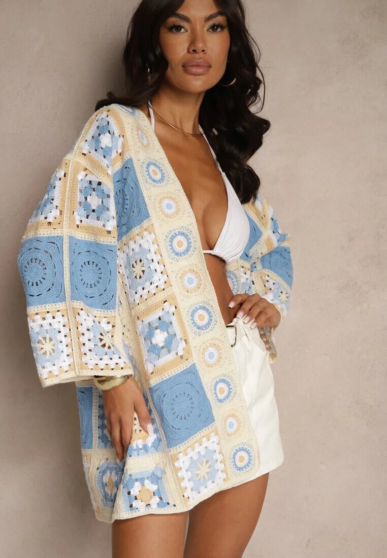 rosa Cardigan Albastru din Bumbac Decorat cu Motiv Ajurat Zorelle
