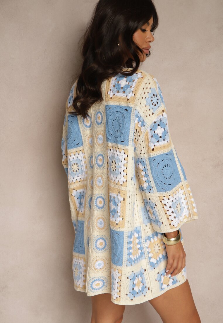 rosa Cardigan Albastru din Bumbac Decorat cu Motiv Ajurat Zorelle