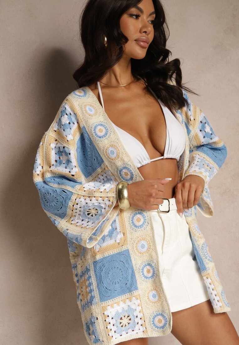 rosa Cardigan Albastru din Bumbac Decorat cu Motiv Ajurat Zorelle
