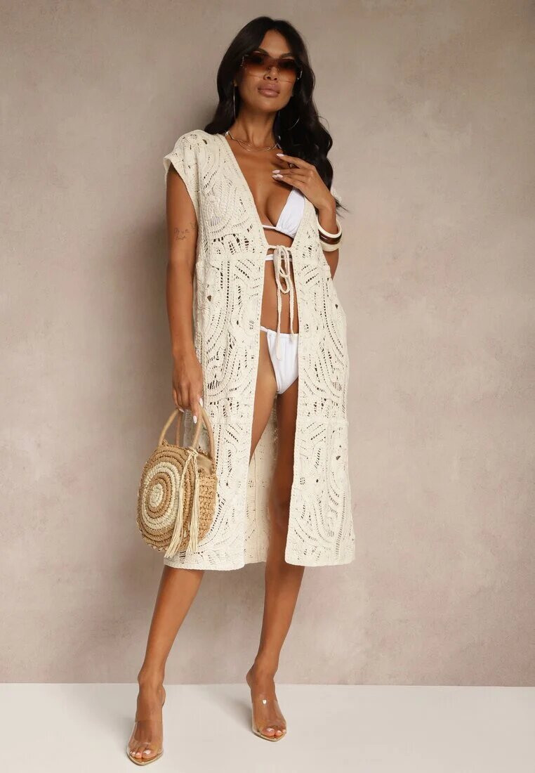 rosa Cardigan Bej de bumbac lejer cu model ajurat Halandria