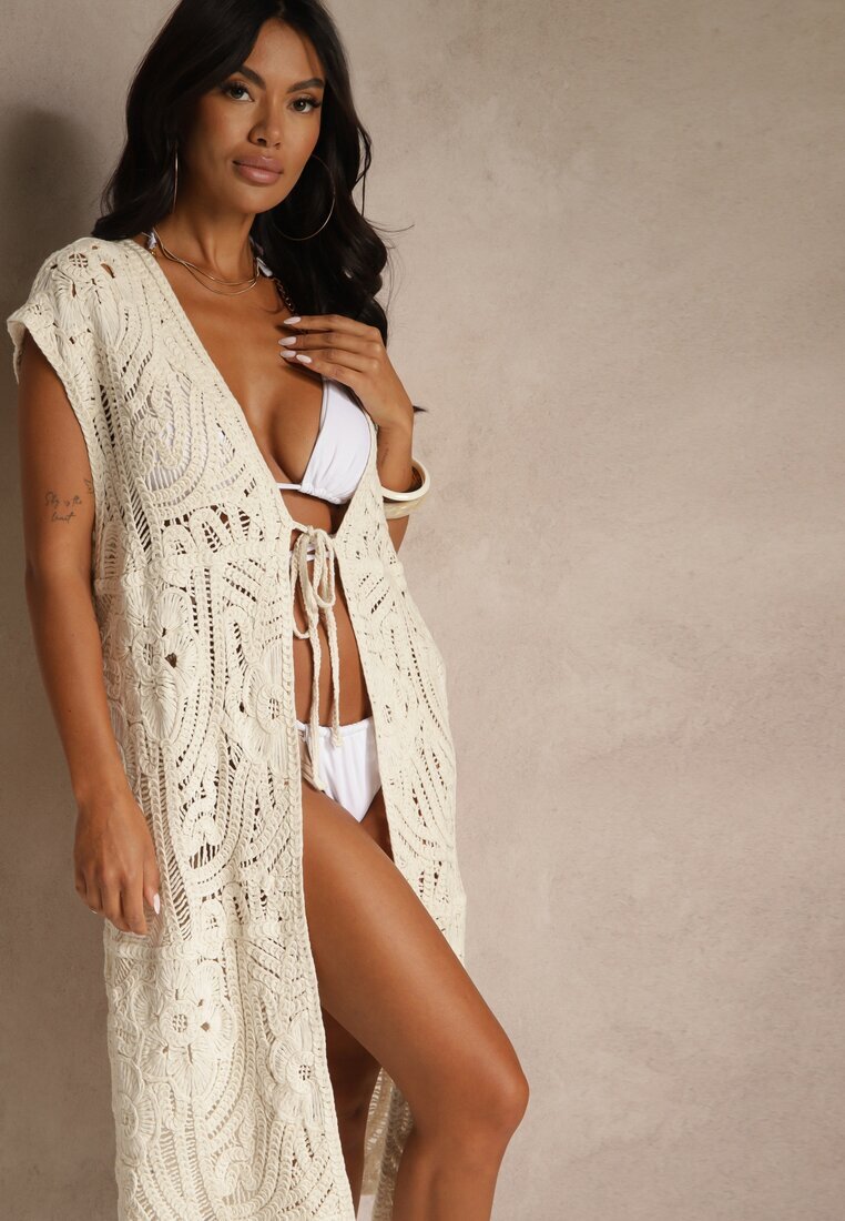 rosa Cardigan Bej de bumbac lejer cu model ajurat Halandria
