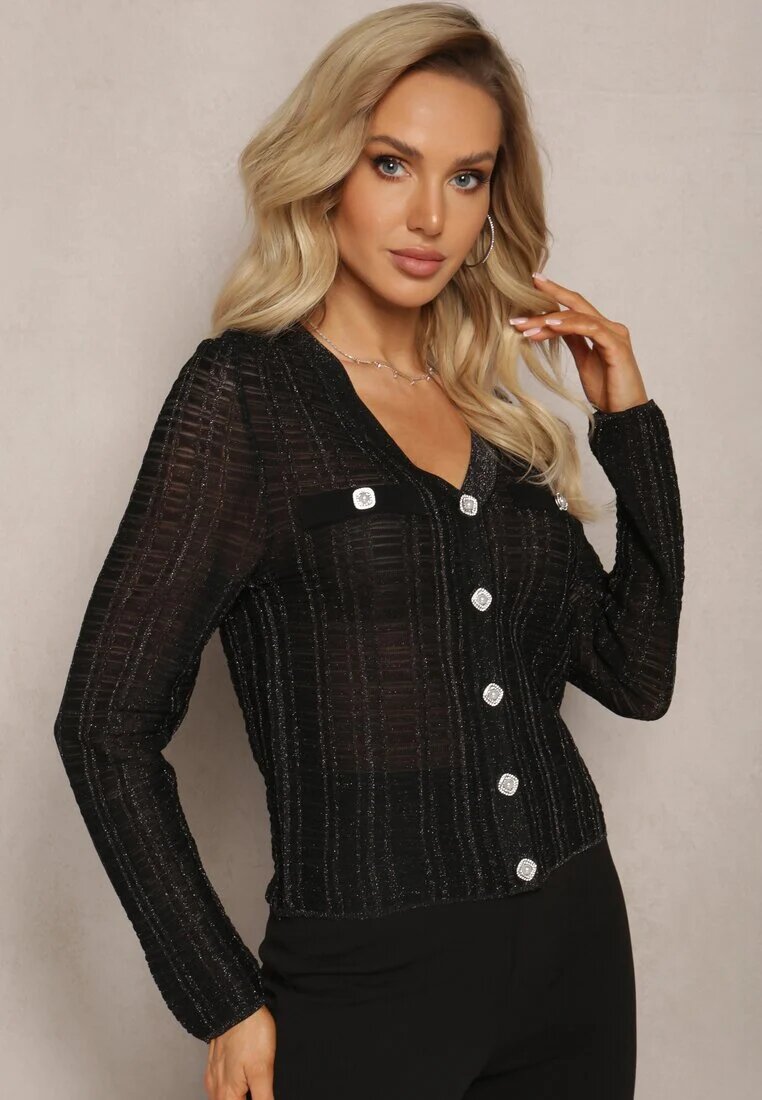 rosa Cardigan Negru Ajustat cu Fir Metalic și Nasturi Stagera