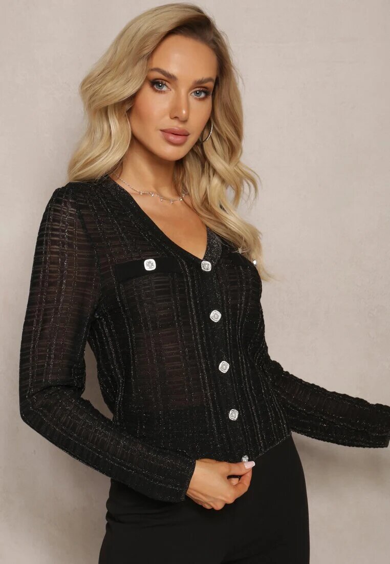 rosa Cardigan Negru Ajustat cu Fir Metalic și Nasturi Stagera