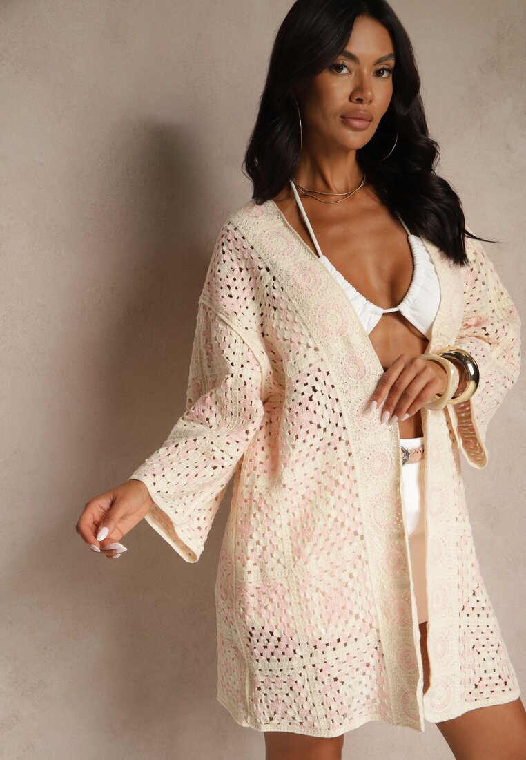 rosa Cardigan Roz-bej Ajurat din Bumbac Melionaia