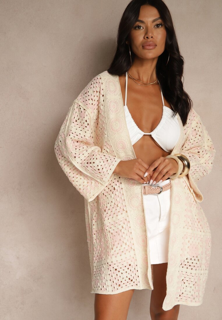 rosa Cardigan Roz-bej Ajurat din Bumbac Melionaia