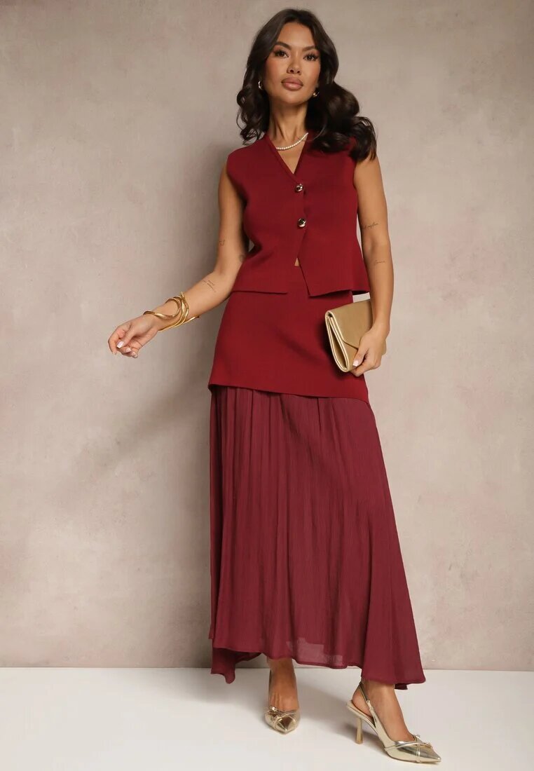 rosa Compleu Bordo din Viscoză Fustă cu croi evazat și Vestă decorată cu nasturi Felilya