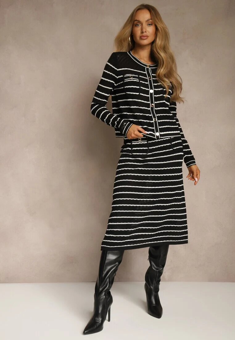 rosa Compleu Negru din Tricot cu Viscoză Reiat Cardigan și Fustă Sepelisse