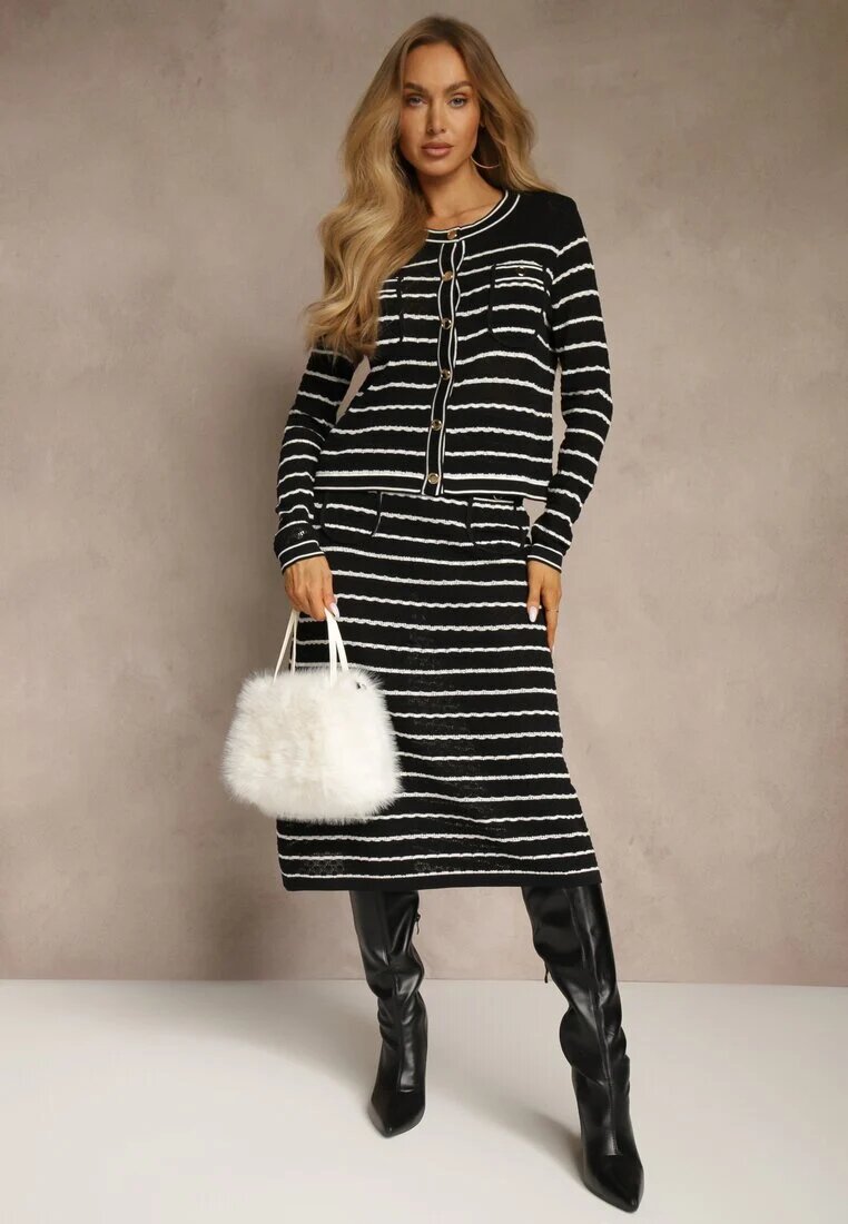 rosa Compleu Negru din Tricot cu Viscoză Reiat Cardigan și Fustă Sepelisse