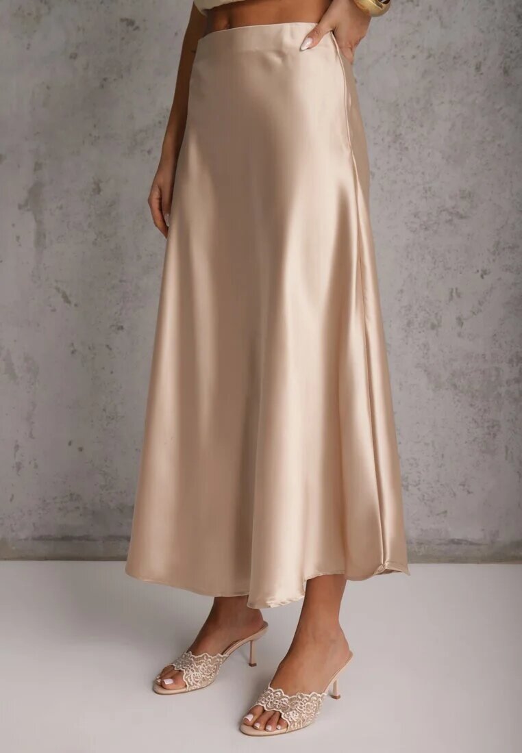 rosa Fustă bej de satin midi cloș cu talie elastică și fermoar Leose