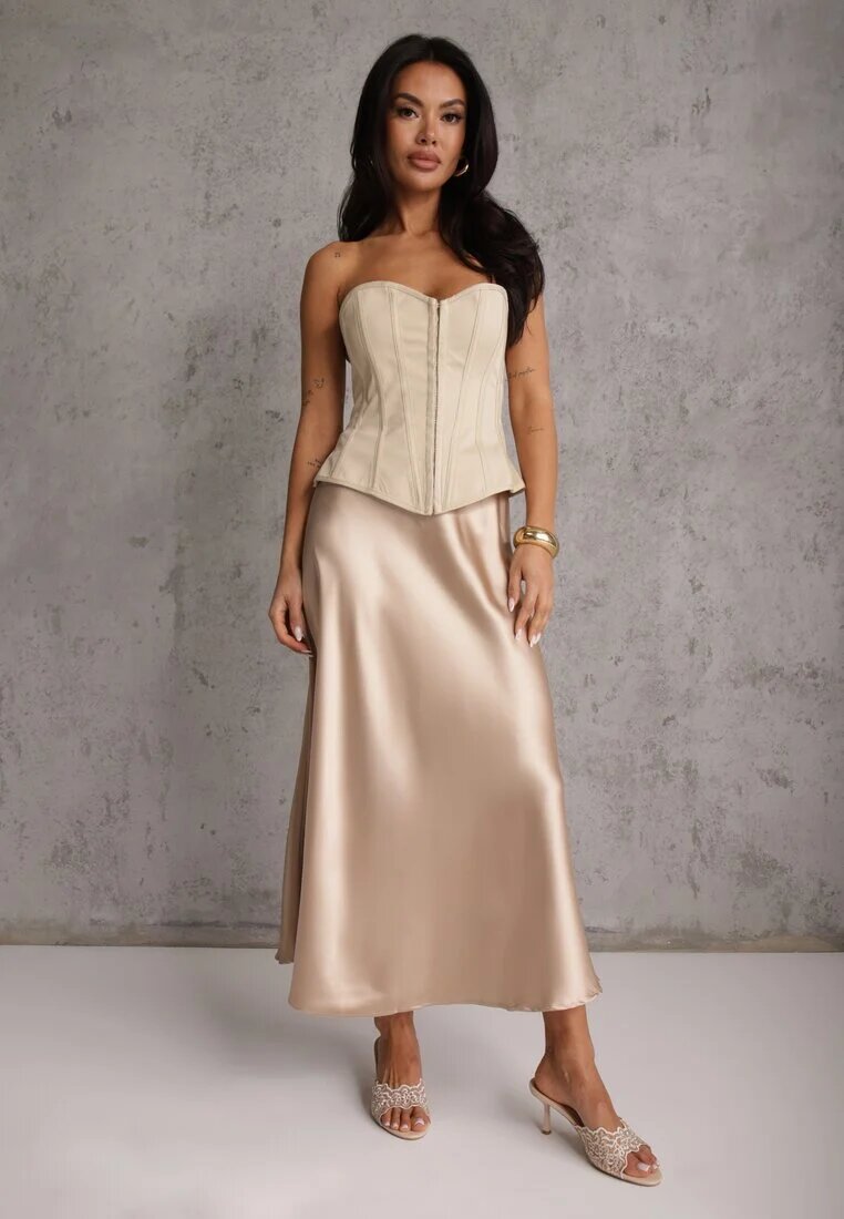rosa Fustă bej de satin midi cloș cu talie elastică și fermoar Leose