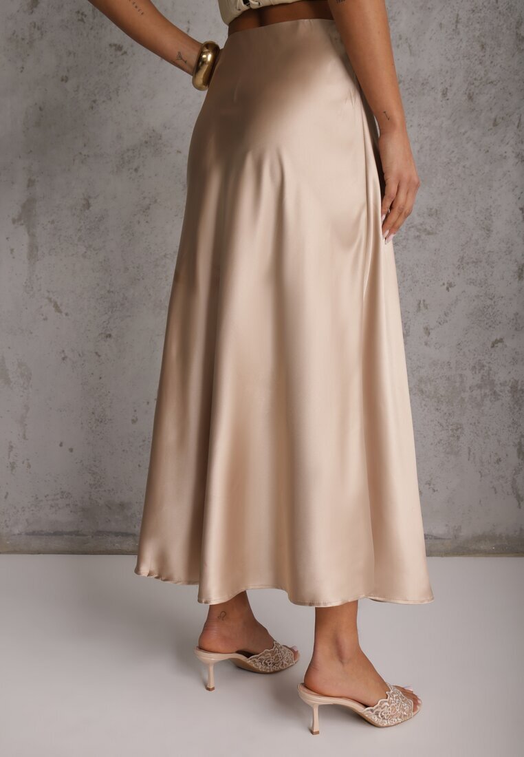 rosa Fustă bej de satin midi cloș cu talie elastică și fermoar Leose