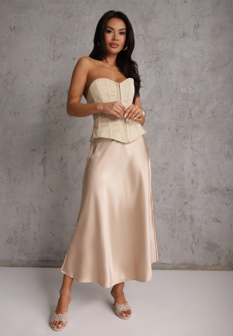 rosa Fustă bej de satin midi cloș cu talie elastică și fermoar Leose