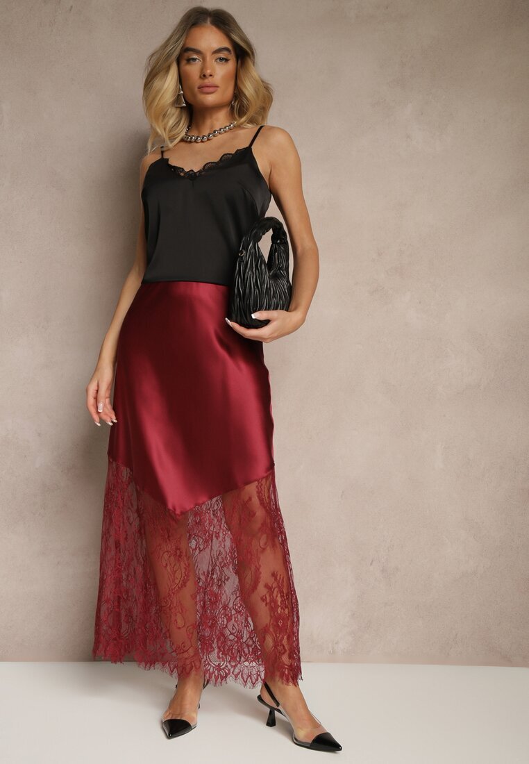 rosa Fustă De Cocktail Bordo din Satin cu Dantelă Avelori