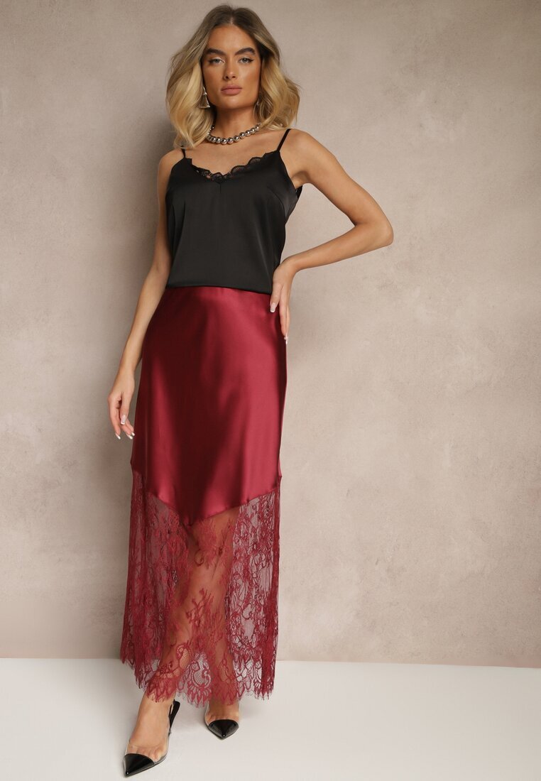 rosa Fustă De Cocktail Bordo din Satin cu Dantelă Avelori