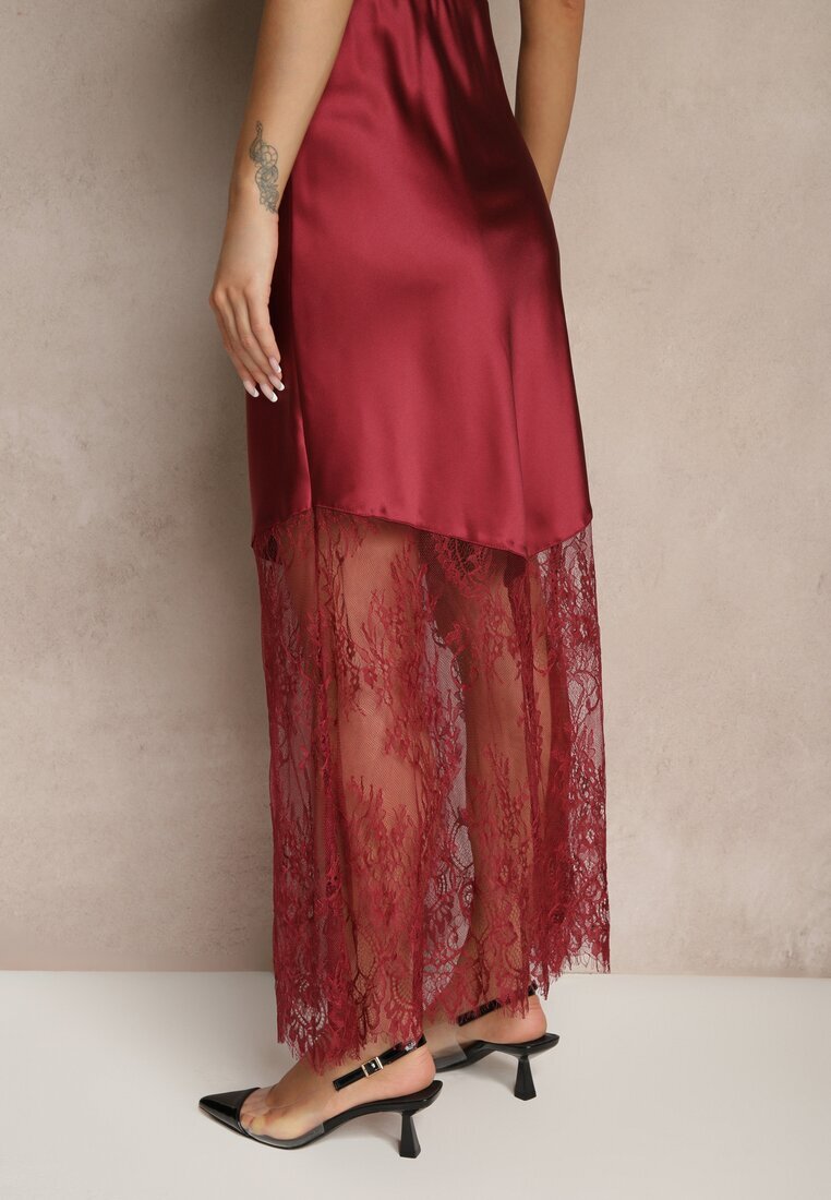 rosa Fustă De Cocktail Bordo din Satin cu Dantelă Avelori
