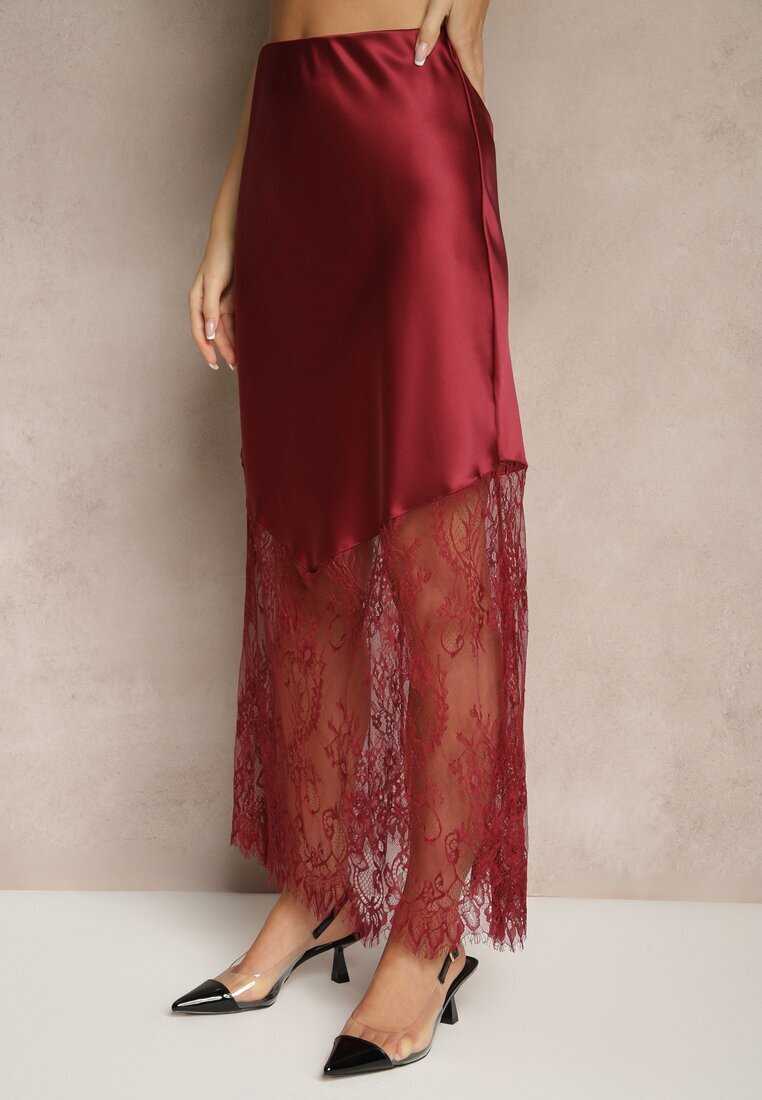 rosa Fustă De Cocktail Bordo din Satin cu Dantelă Avelori