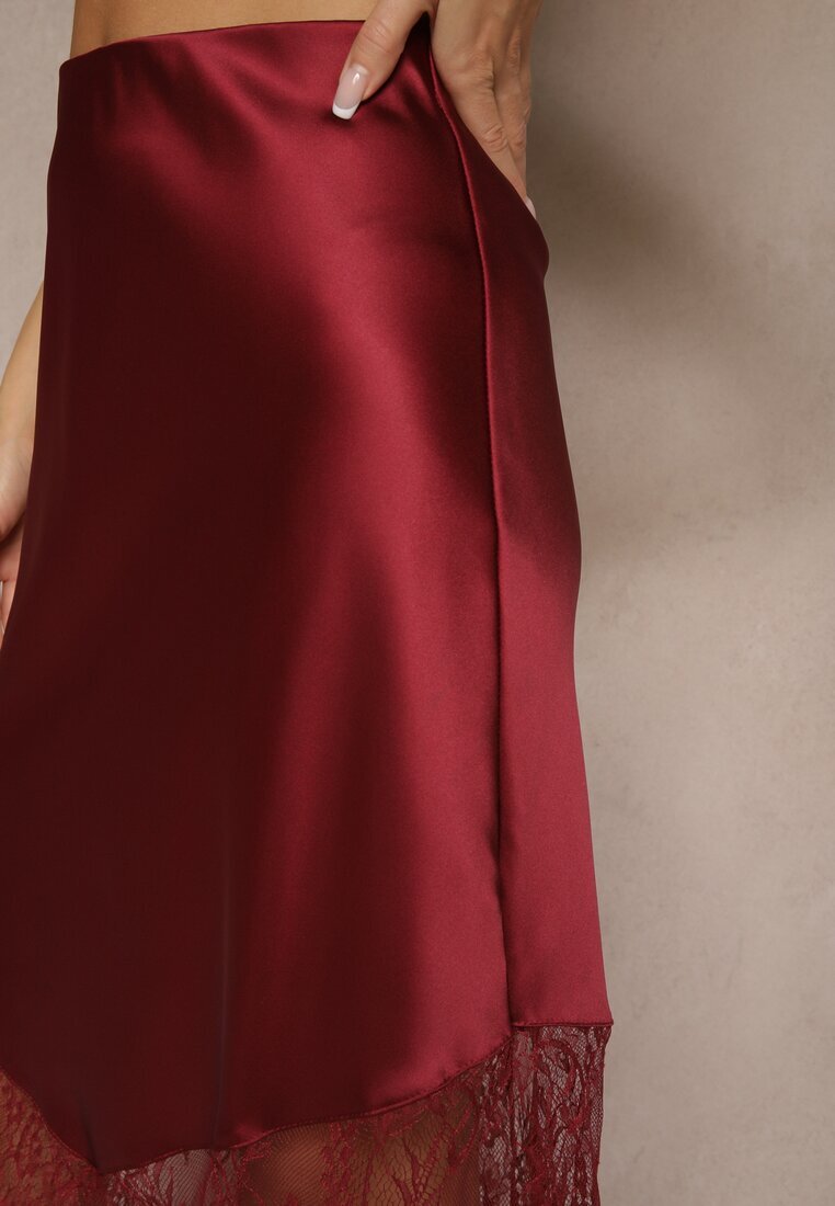 rosa Fustă De Cocktail Bordo din Satin cu Dantelă Avelori