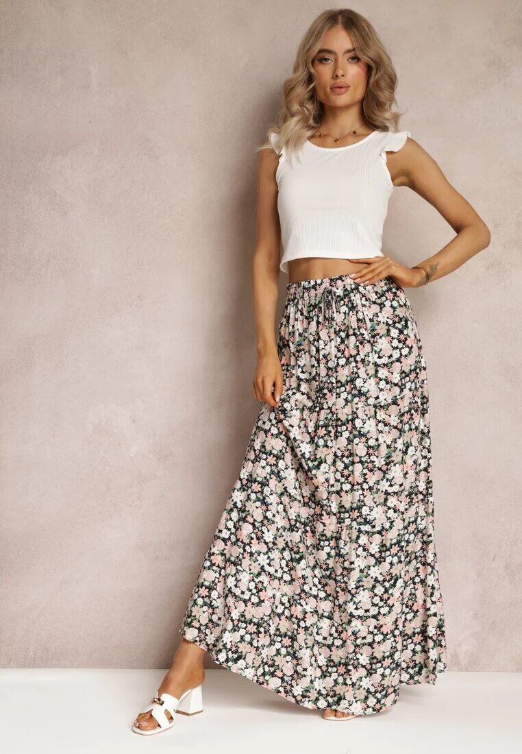 rosa Fustă din Bumbac Negru și Roz Maxi cu Șnur și Imprimeu Floral Yibji