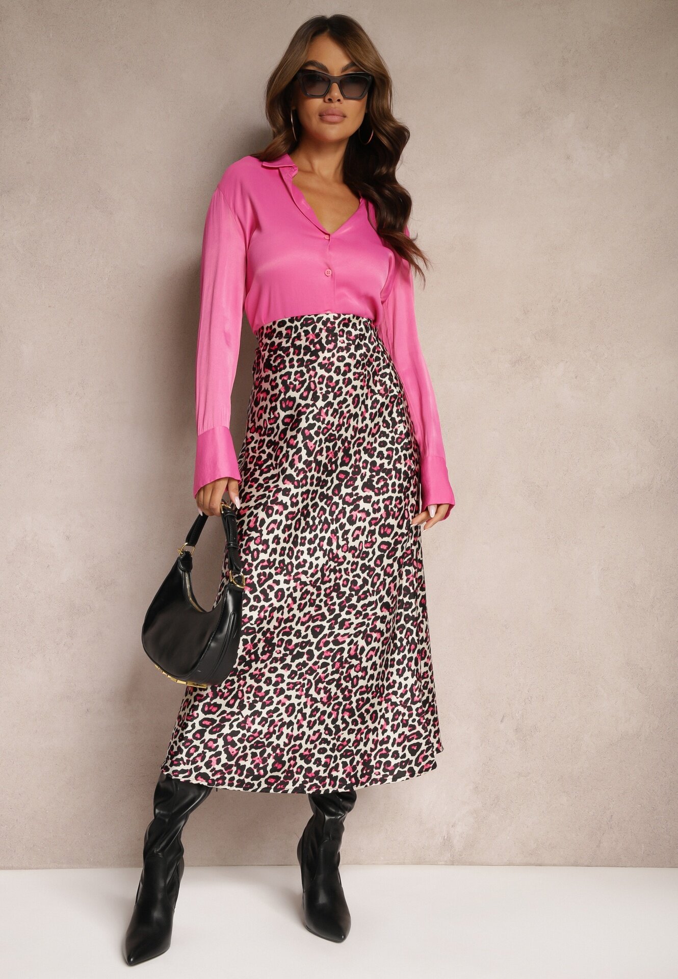 rosa Fustă Fucsia-Negru High Waist cu Imprimeu Animal și Elastic în Talie Dimella