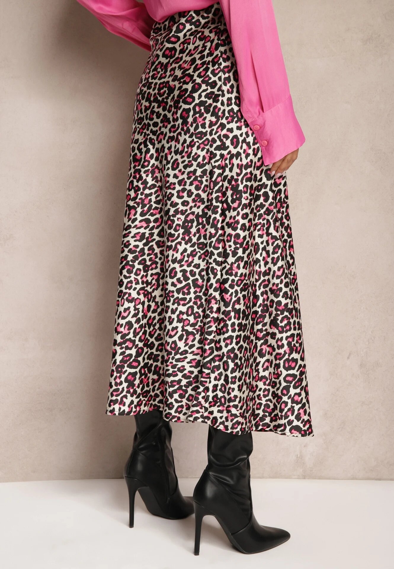 rosa Fustă Fucsia-Negru High Waist cu Imprimeu Animal și Elastic în Talie Dimella