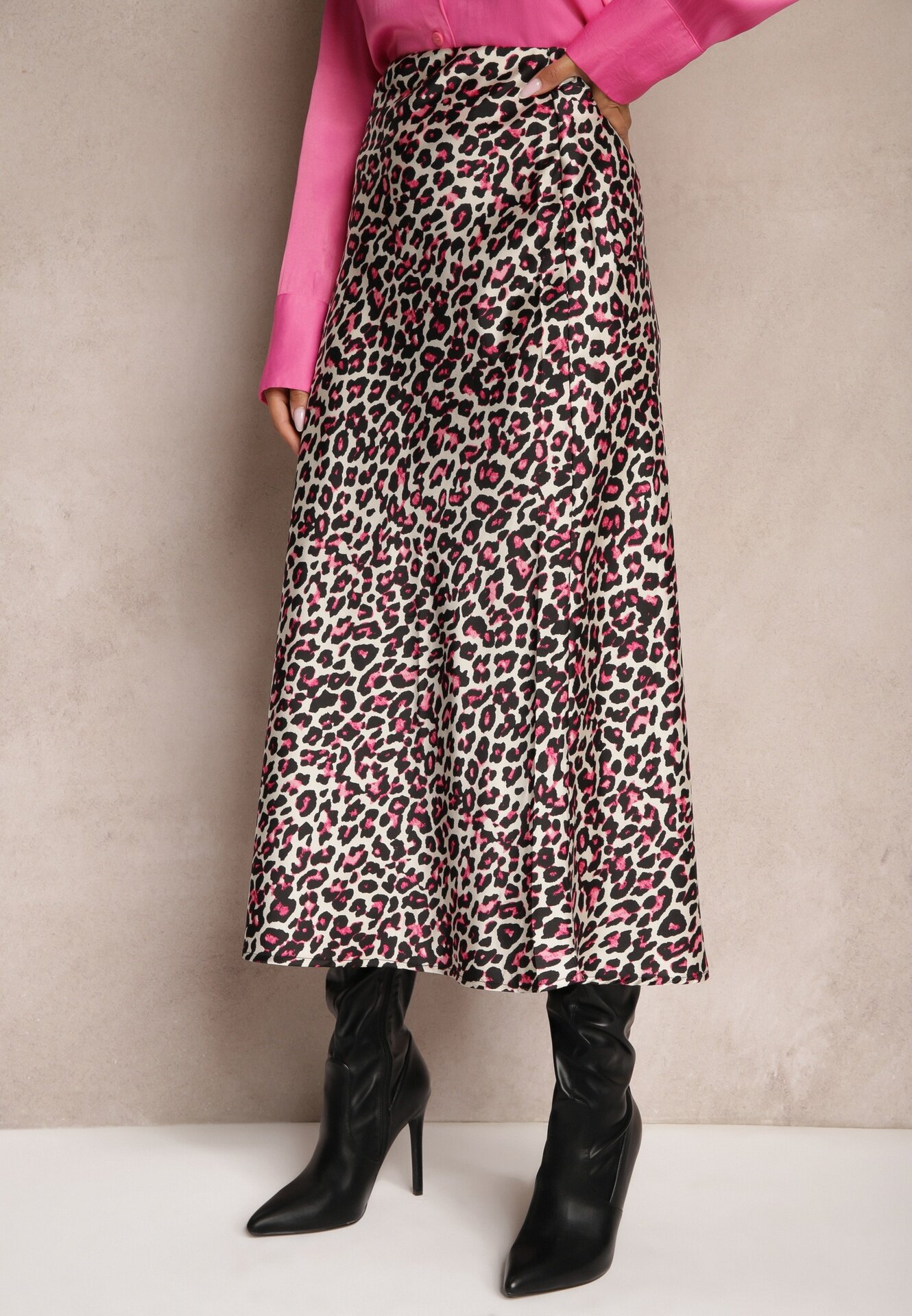 rosa Fustă Fucsia-Negru High Waist cu Imprimeu Animal și Elastic în Talie Dimella