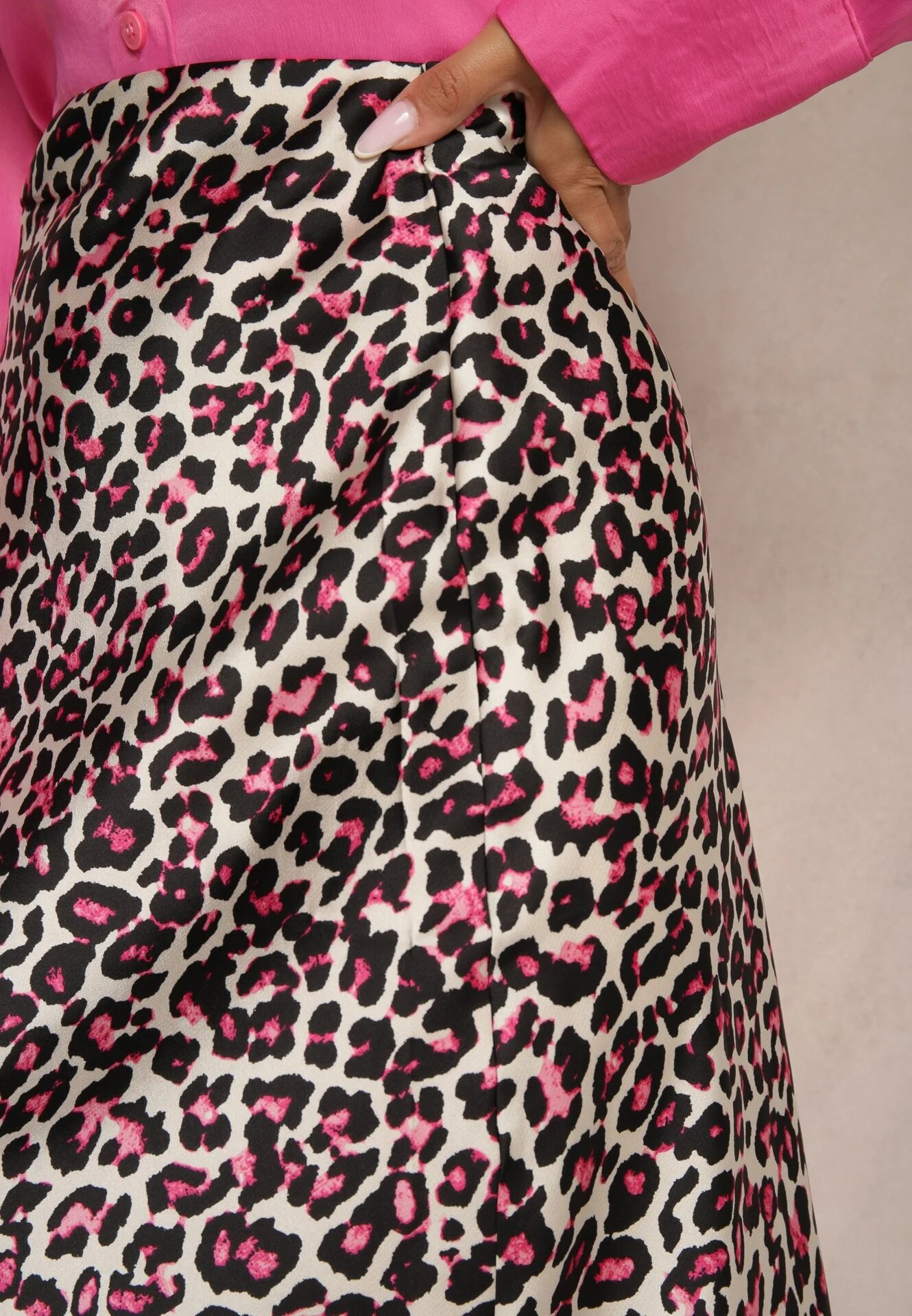 rosa Fustă Fucsia-Negru High Waist cu Imprimeu Animal și Elastic în Talie Dimella