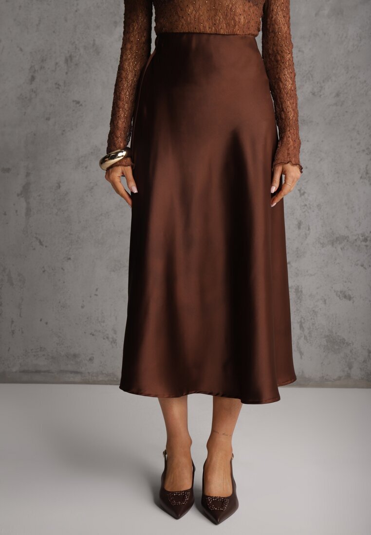 rosa Fustă Midi Satin Cloș Maro cu elastic în talie și fermoar Leose