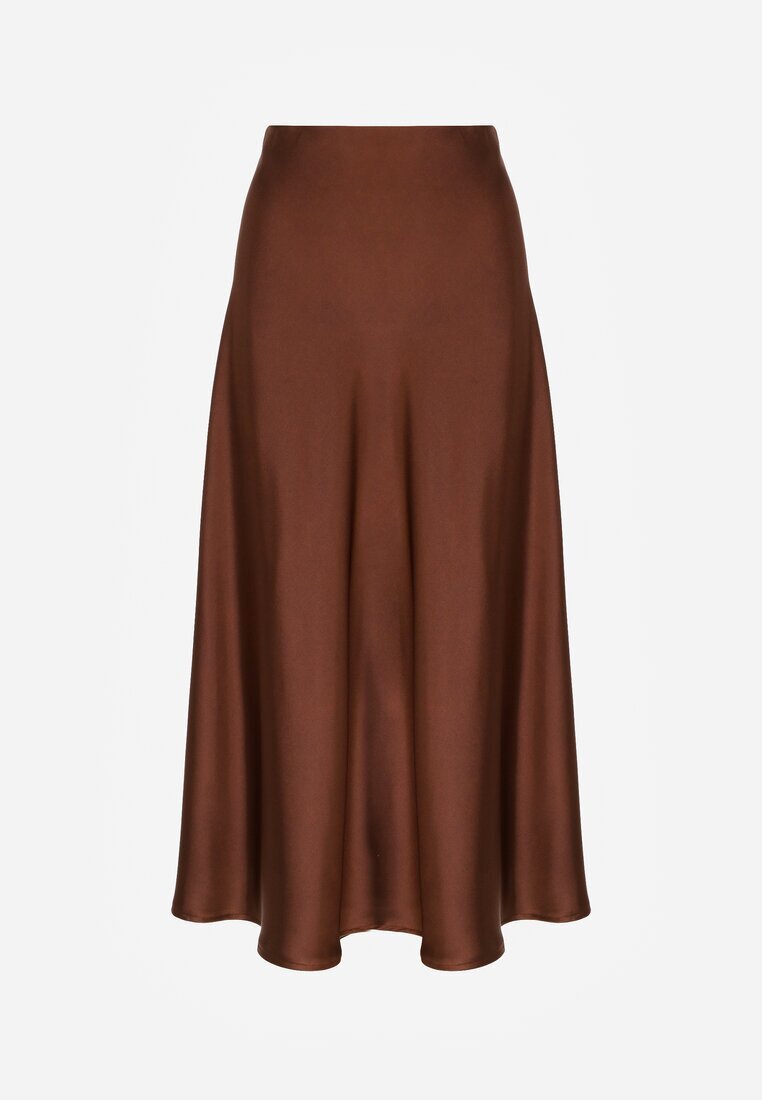 rosa Fustă Midi Satin Cloș Maro cu elastic în talie și fermoar Leose