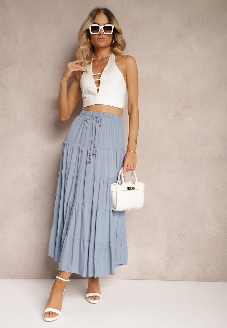 rosa Fustă Vâscoză Albastră High Waist cu croi cloș cu șnur și elastic în talie Leceviana