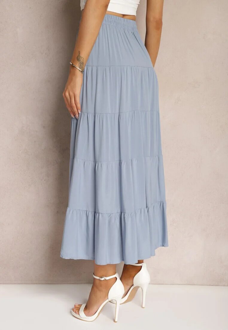 rosa Fustă Vâscoză Albastră High Waist cu croi cloș cu șnur și elastic în talie Leceviana