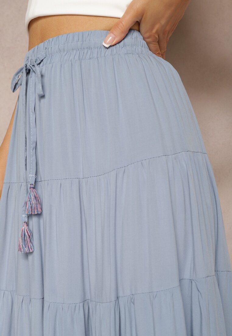 rosa Fustă Vâscoză Albastră High Waist cu croi cloș cu șnur și elastic în talie Leceviana