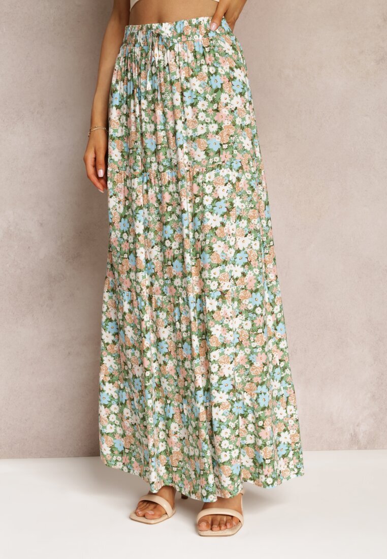 rosa Fustă Verde din Bumbac Maxi cu șnur și imprimeu floral Yibji