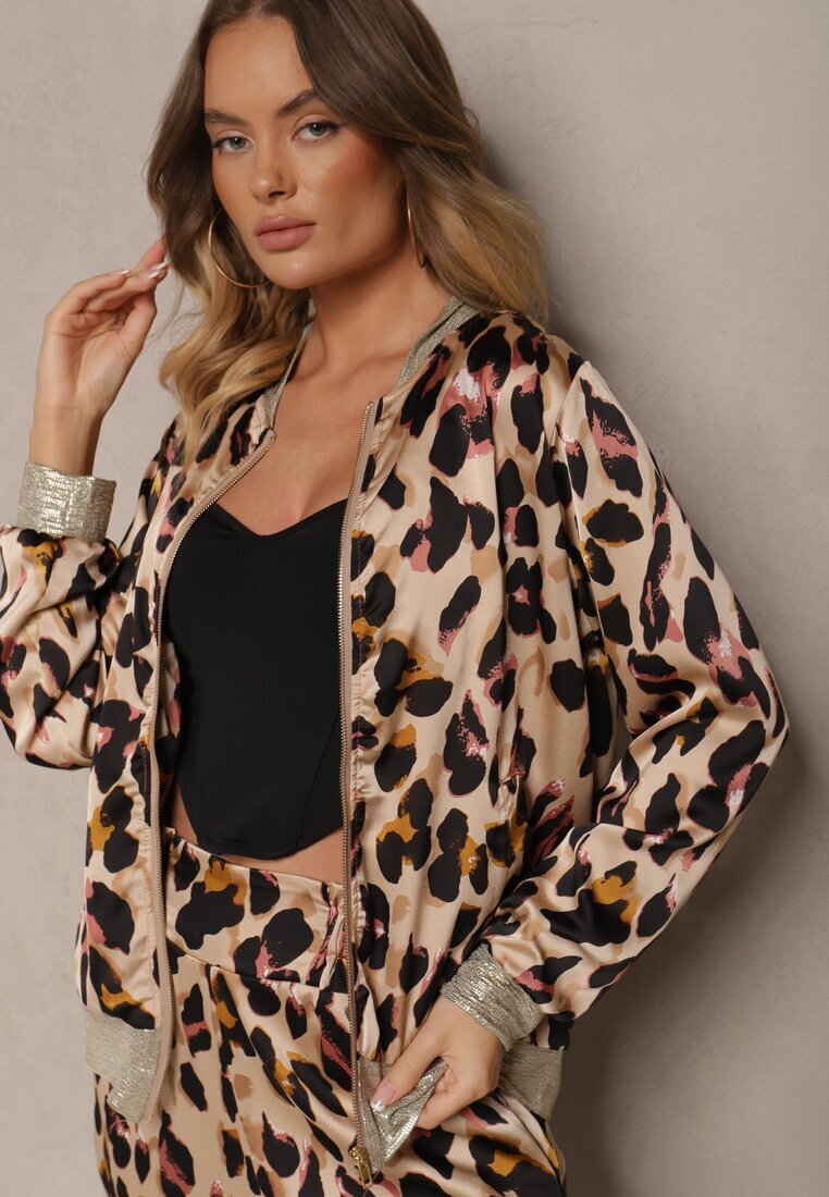 rosa Geacă Roz-Bej Imprimată leopard Tip bomber Ornată cu manșete elastice Rinnovaria