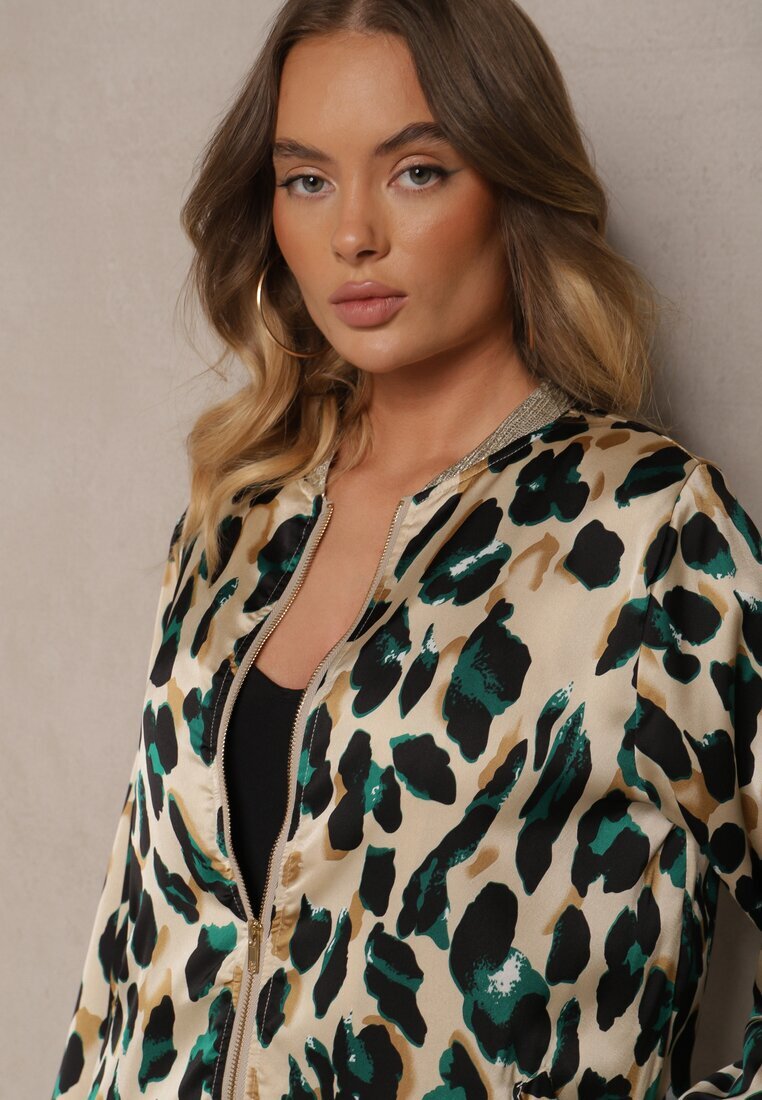 rosa Jachetă Verde-Bej Imprimeu leopard stil bomber cu nervuri Rinnovaria