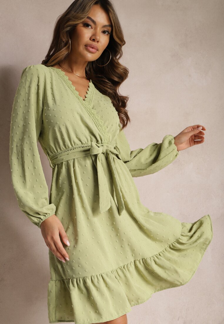 rosa Mini Rochie Verde Cloș cu Cordon din material din Plumeti Digia