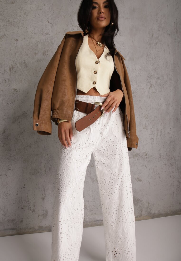 rosa Pantaloni ajurați albi Wide Leg din bumbac în stil rustic cu broderie Elladith