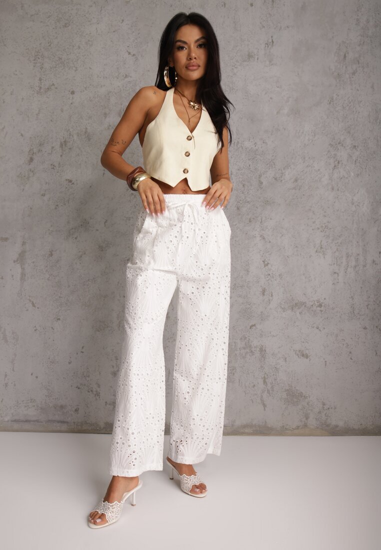rosa Pantaloni ajurați albi Wide Leg din bumbac în stil rustic cu broderie Elladith