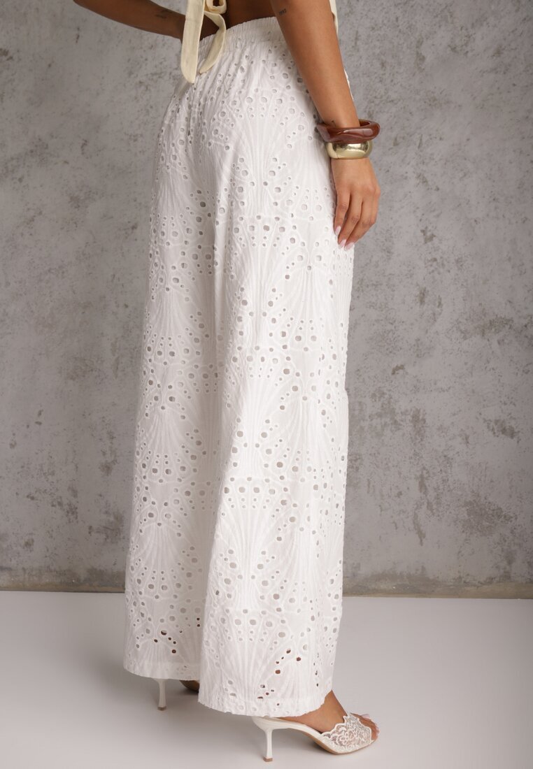 rosa Pantaloni ajurați albi Wide Leg din bumbac în stil rustic cu broderie Elladith