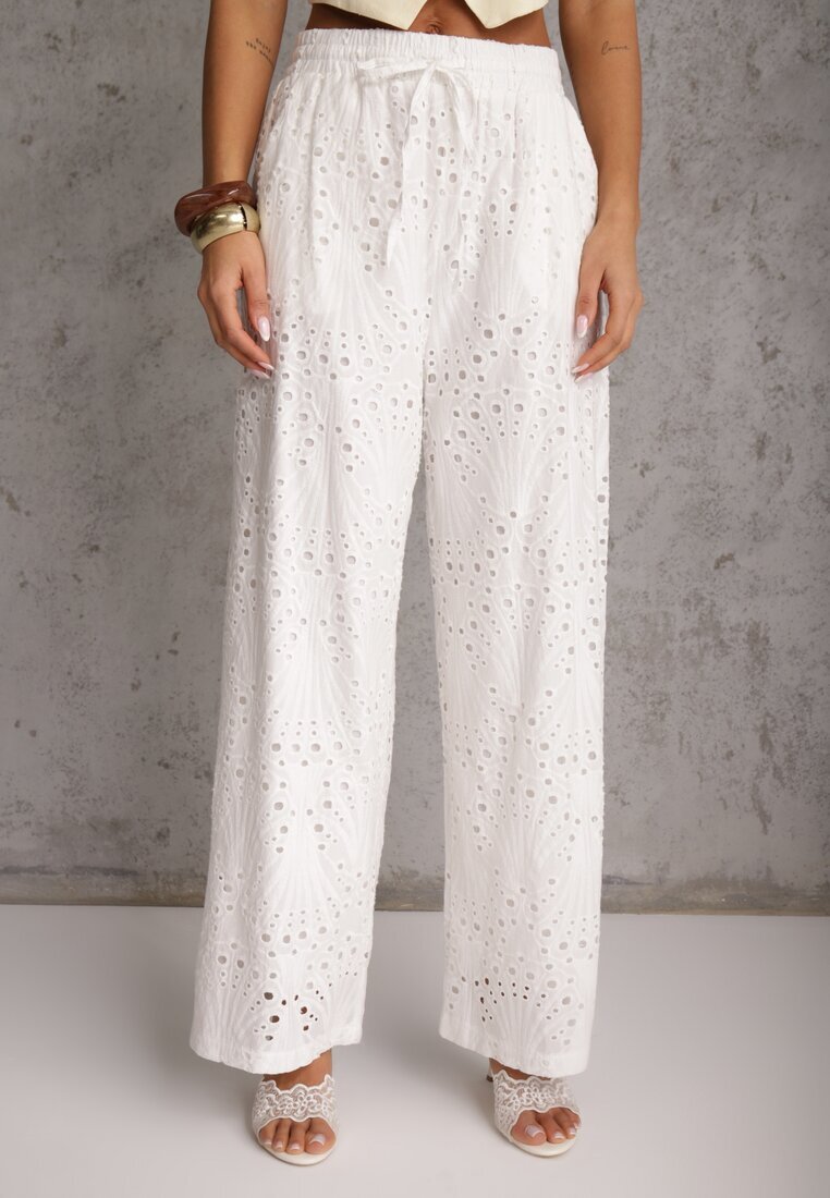 rosa Pantaloni ajurați albi Wide Leg din bumbac în stil rustic cu broderie Elladith