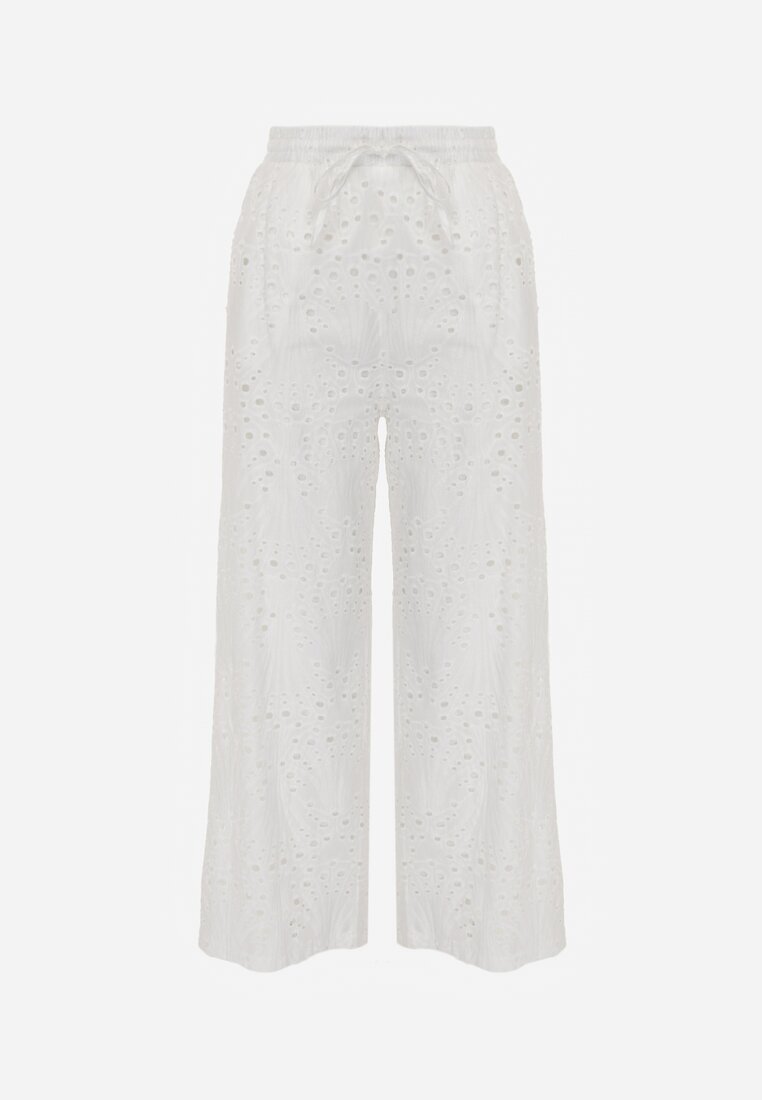 rosa Pantaloni ajurați albi Wide Leg din bumbac în stil rustic cu broderie Elladith