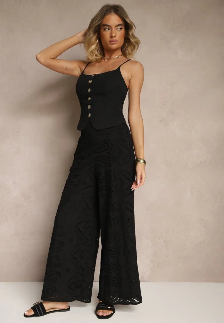 rosa Pantaloni Ajurați Negri din Bumbac High Waist cu Croială Largă Evinassa