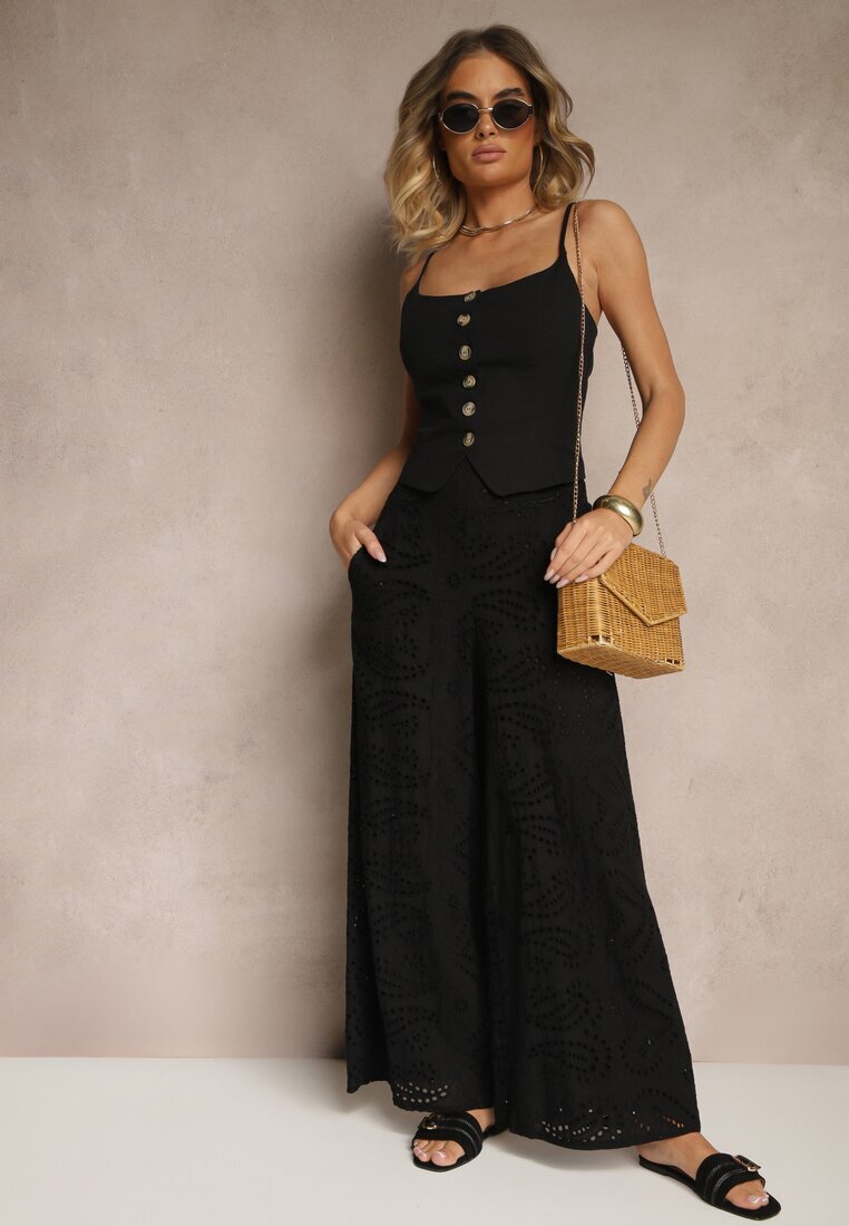 rosa Pantaloni Ajurați Negri din Bumbac High Waist cu Croială Largă Evinassa