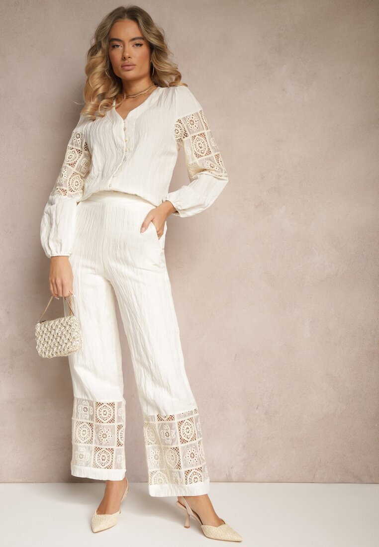 rosa Pantaloni Bej de Bumbac cu Croială Largă cu Broderie Fenelith