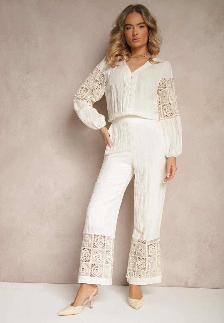 rosa Pantaloni Bej de Bumbac cu Croială Largă cu Broderie Fenelith
