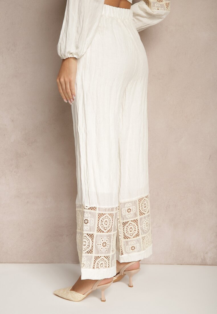 rosa Pantaloni Bej de Bumbac cu Croială Largă cu Broderie Fenelith