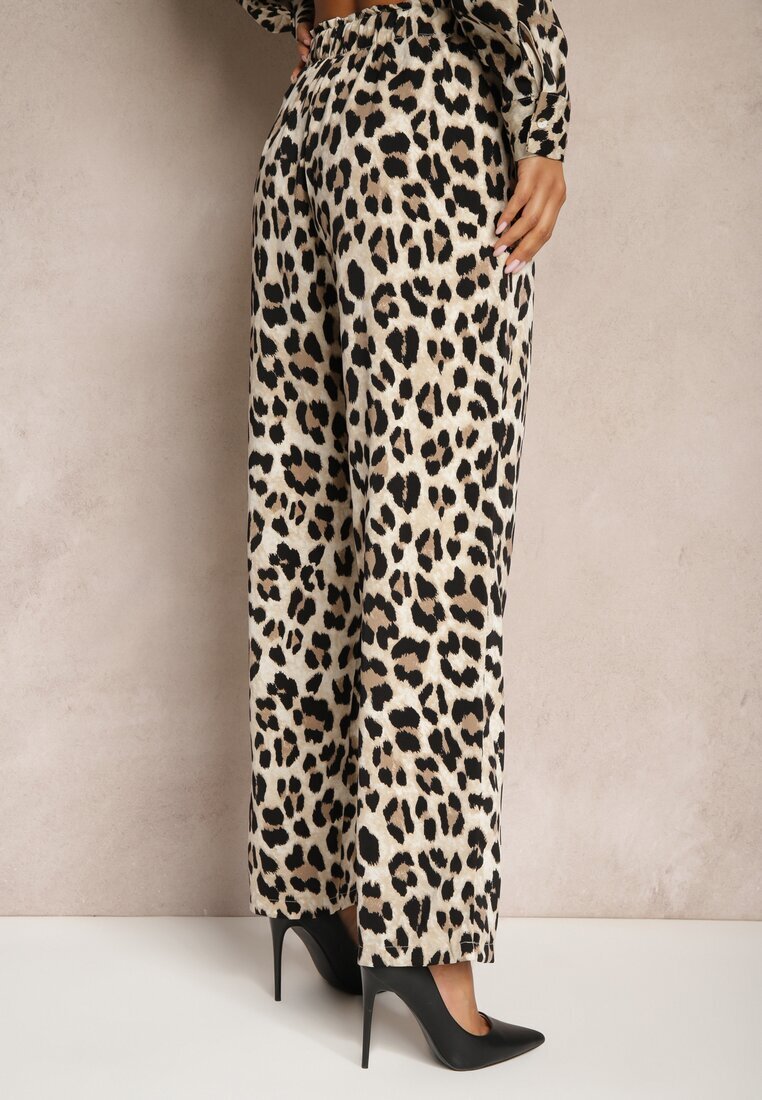 rosa Pantaloni Bej Largi leopard High Waist cu șnur și elastic în talie Dorirae
