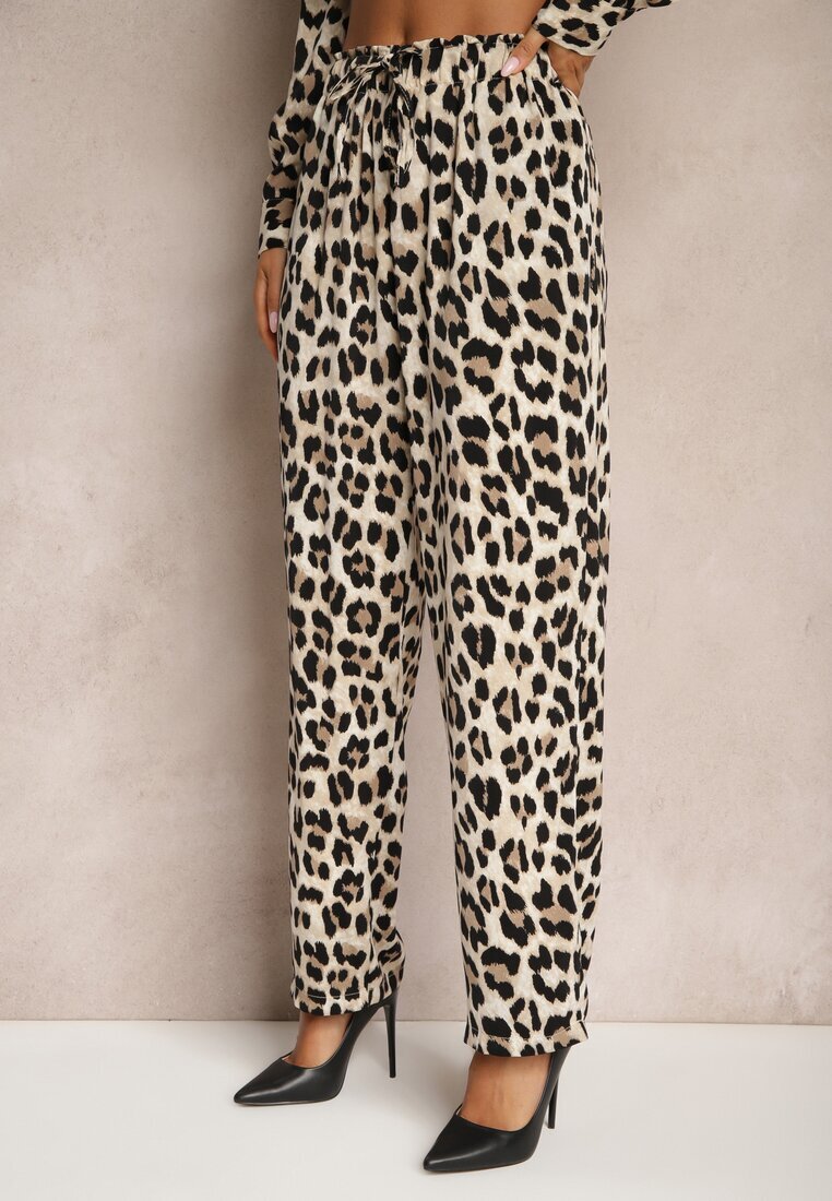rosa Pantaloni Bej Largi leopard High Waist cu șnur și elastic în talie Dorirae