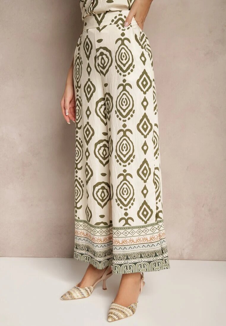 rosa Pantaloni Bej-Verde cu Viscoză cu Croială Largă cu Model Geometric Zoledia