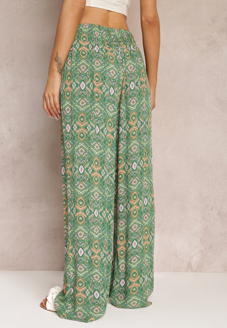 rosa Pantaloni din bumbac verde cu model abstract cu talie înaltă și elastic în talie Lilliah