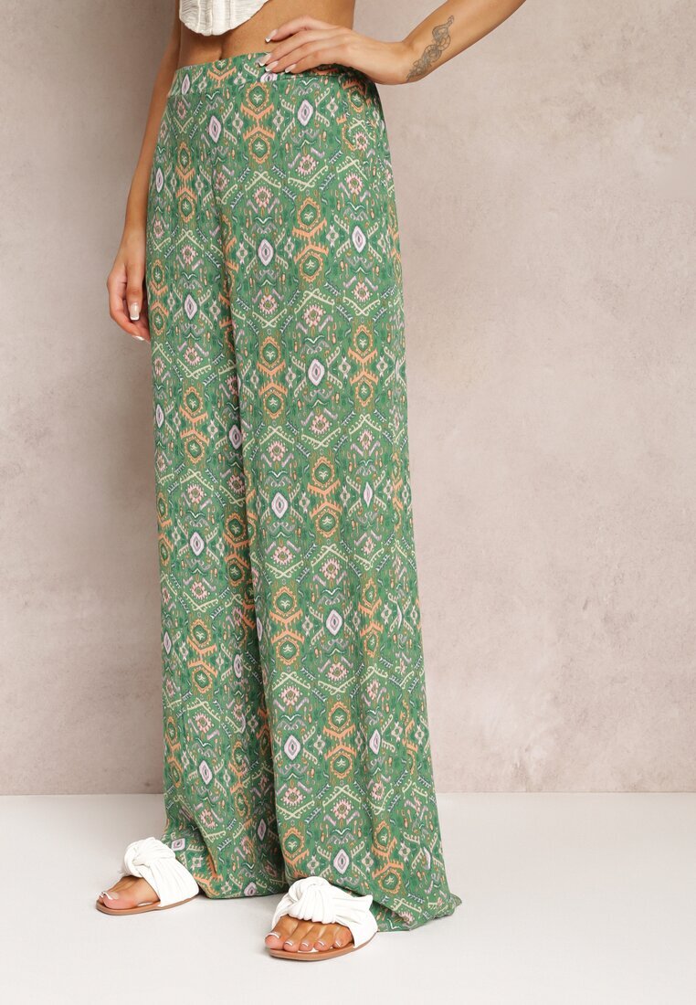 rosa Pantaloni din bumbac verde cu model abstract cu talie înaltă și elastic în talie Lilliah